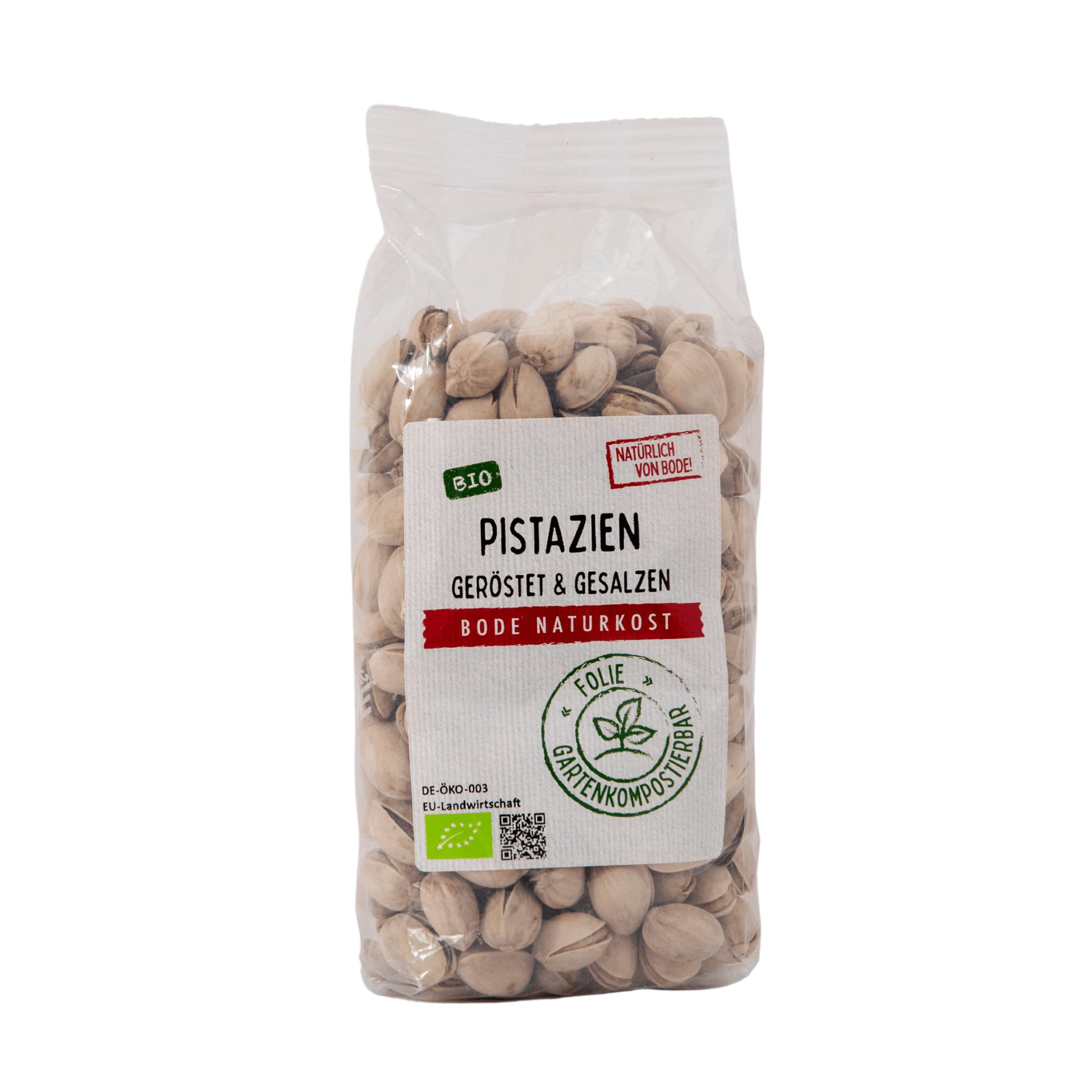 Pistacchi tostati e salati in guscio bio, sacchetto compostabile in giardino 6x250g