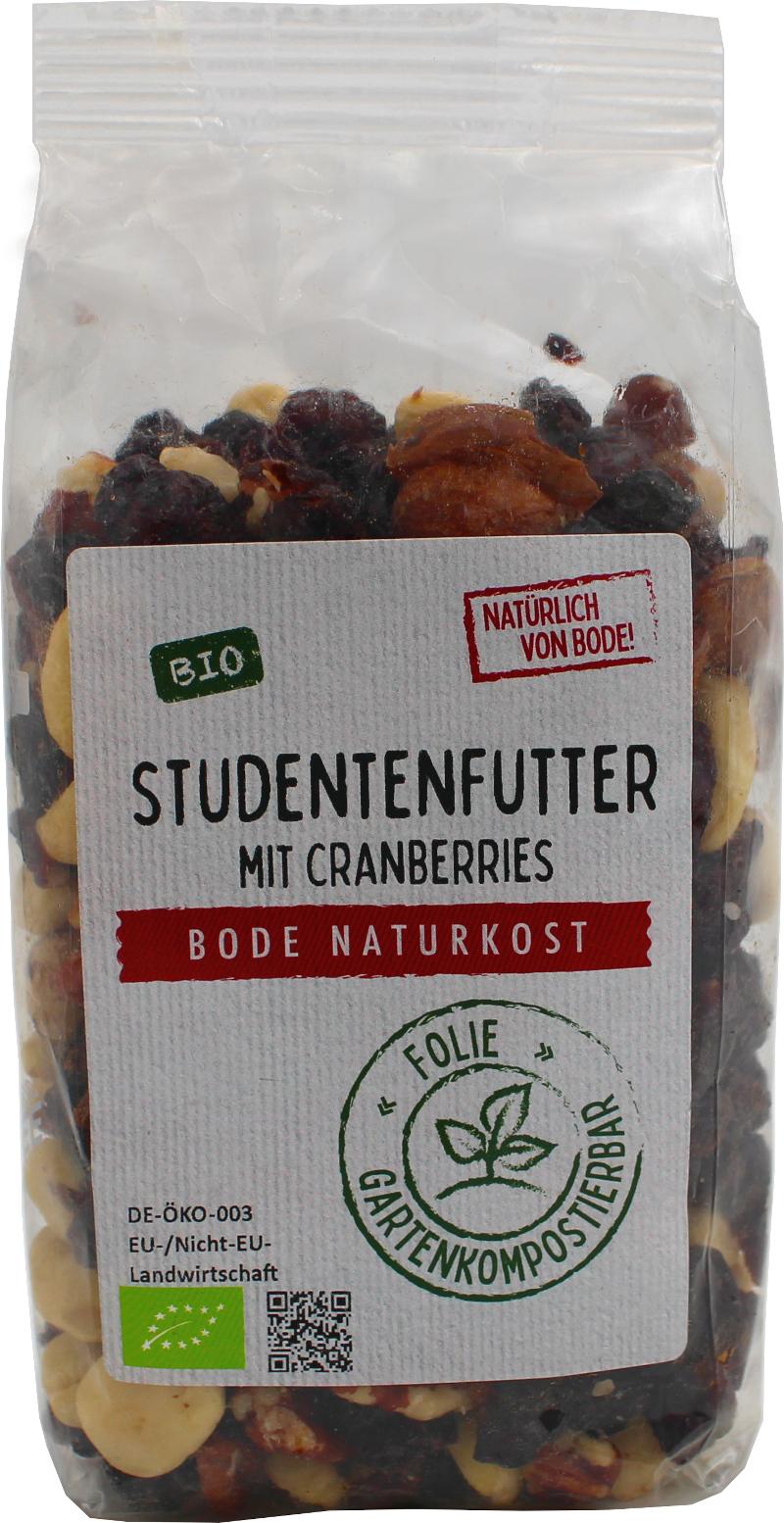 Miscela di frutta secca per studenti con mirtilli rossi biologici e noci pecan, in confezione compostabile da 6x250g